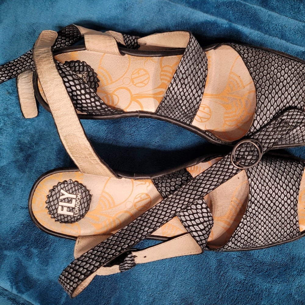 Fly London Black and Cream Sandals with Ankle Strap